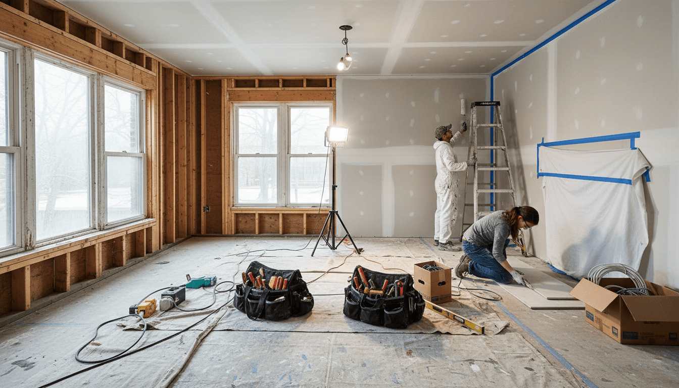 Interior renovation space mid-project showing exposed studs, drywall, paint prep, and contractors actively working
